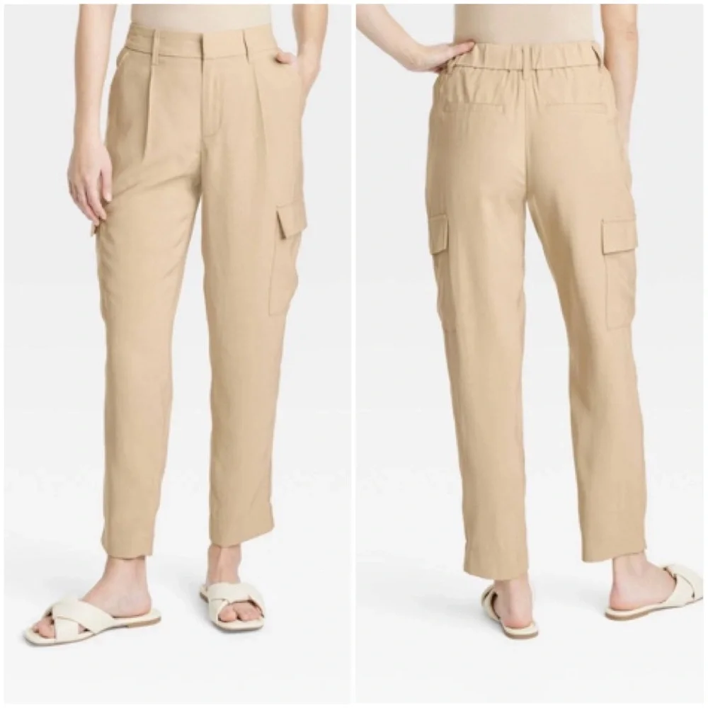 A New Day Tan Ankle Cargo Pants Women’s 4 Elastic Waist Multi Pockets Office
